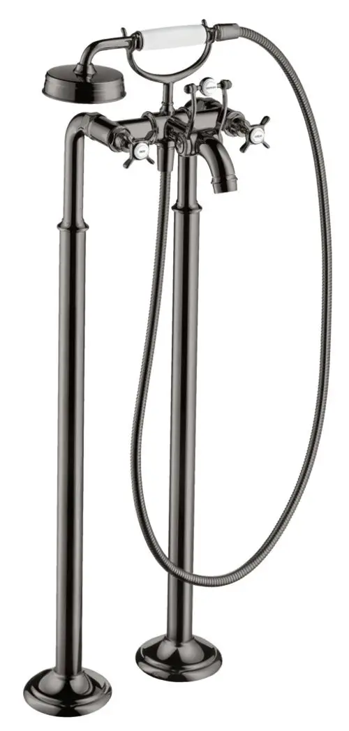 Bodenstehende Wannenarmatur mit zwei Kreuzgriffen in Polished Black Chrome von AXOR. Die Armatur ist aus mehreren verchromten Rohren und einem flexiblen Schlauch gefertigt.